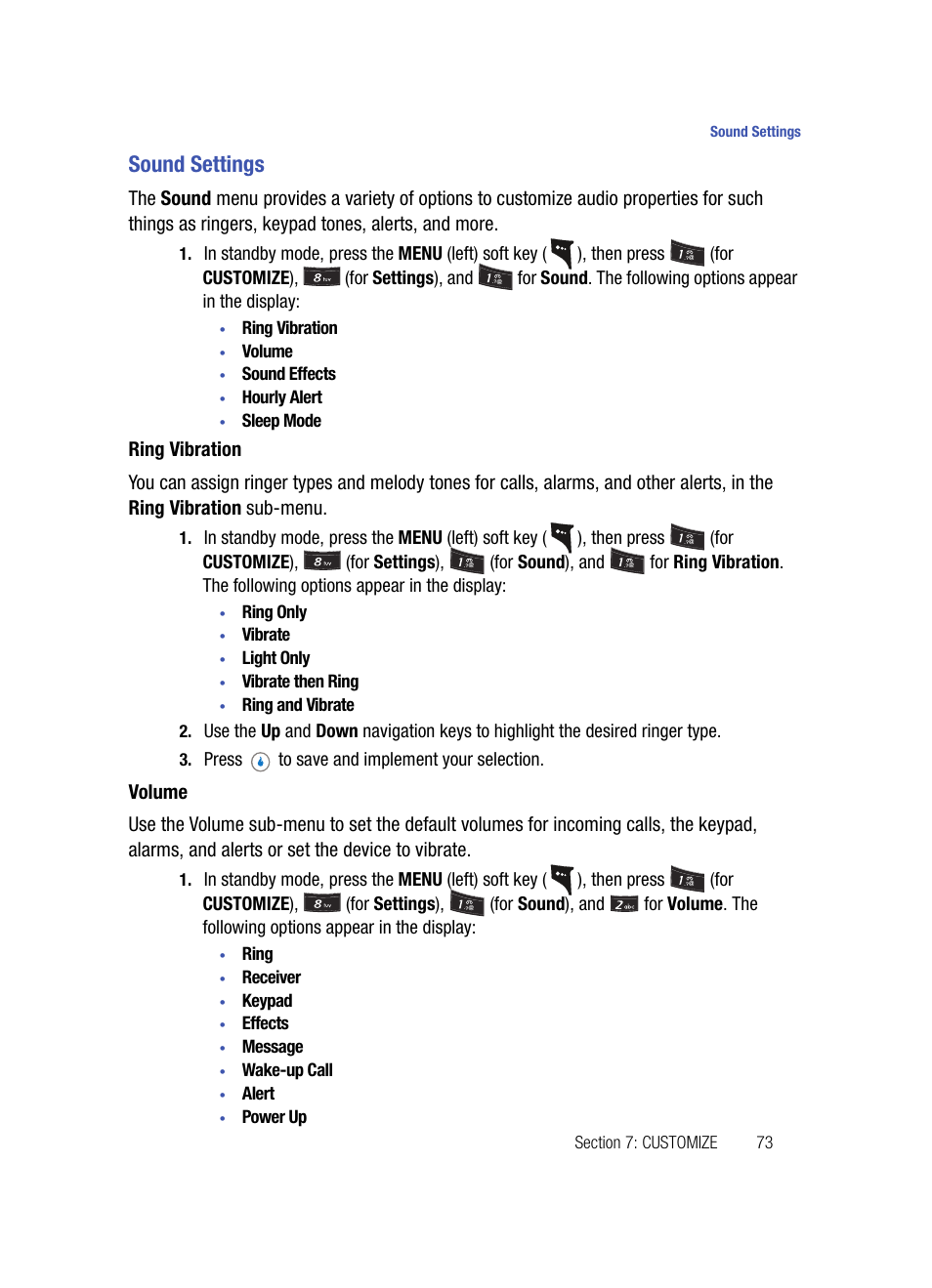 Sound settings, Ring vibration, Volume | Press to save and implement your selection | Samsung SPH-A503ZKASKE User Manual | Page 73 / 176