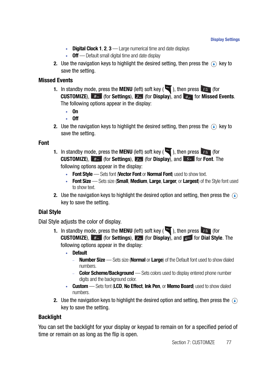 Missed events, Font, Dial style | Backlight | Samsung SPH-A503ZKASKE User Manual | Page 77 / 176