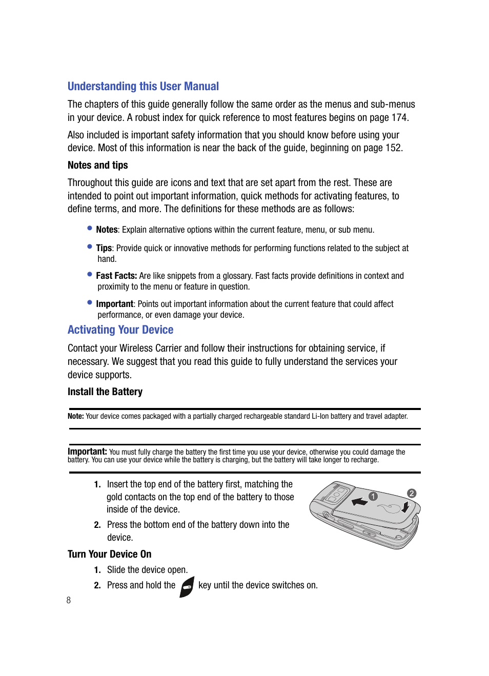 Understanding this user manual, Notes and tips, Activating your device | Install the battery, Turn your device on | Samsung SPH-A503ZKASKE User Manual | Page 8 / 176