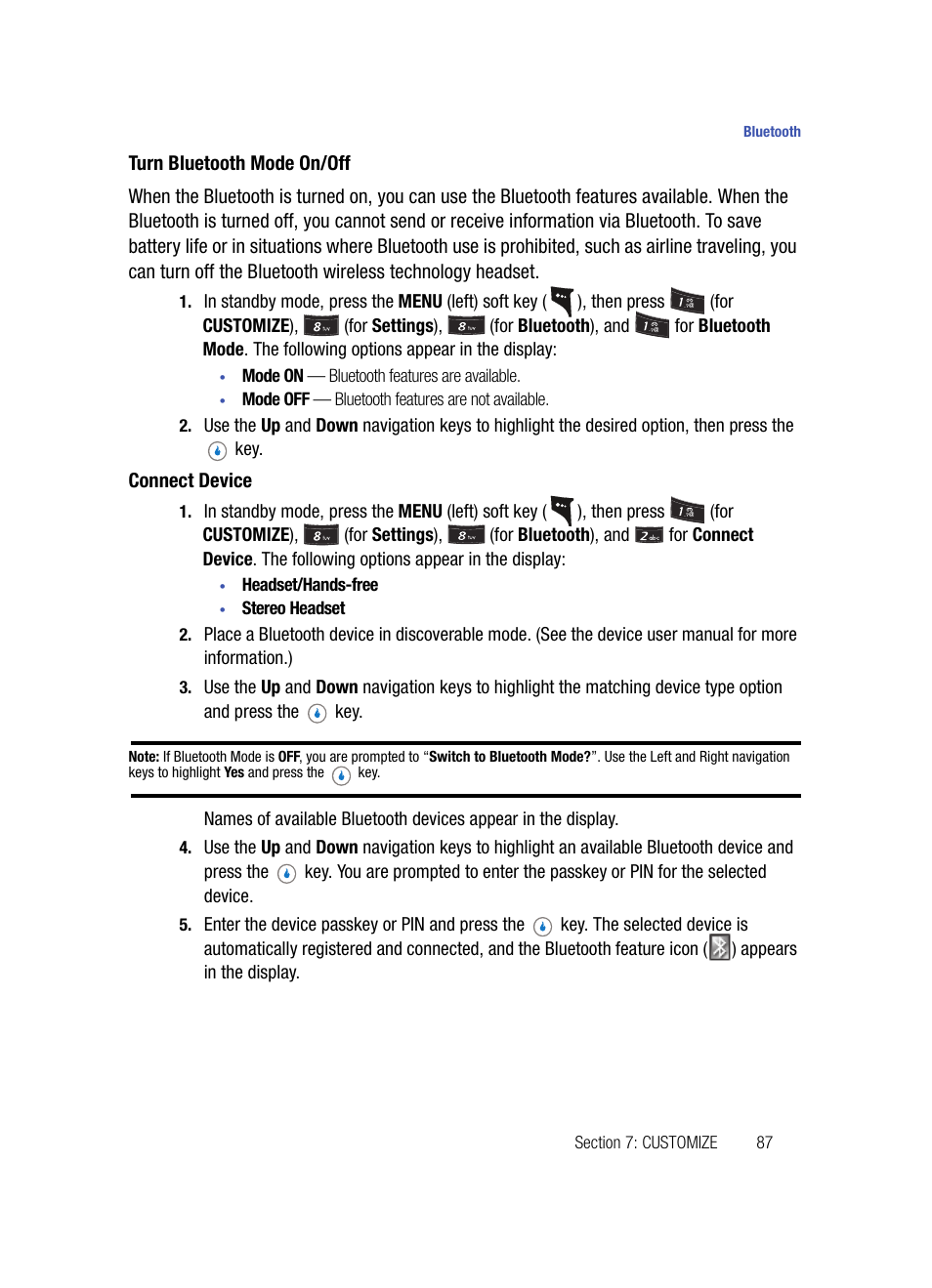Turn bluetooth mode on/off, Connect device | Samsung SPH-A503ZKASKE User Manual | Page 87 / 176