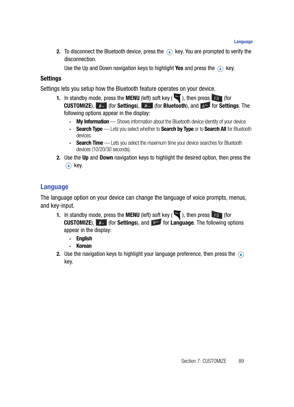 Settings, Language | Samsung SPH-A503ZKASKE User Manual | Page 89 / 176