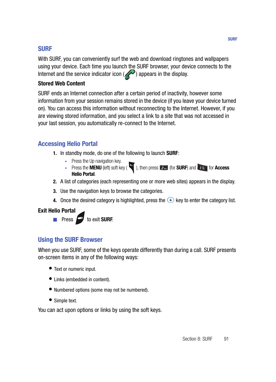 Surf, Stored web content, Accessing helio portal | Exit helio portal, Using the surf browser, Surf accessing helio portal using the surf browser | Samsung SPH-A503ZKASKE User Manual | Page 91 / 176