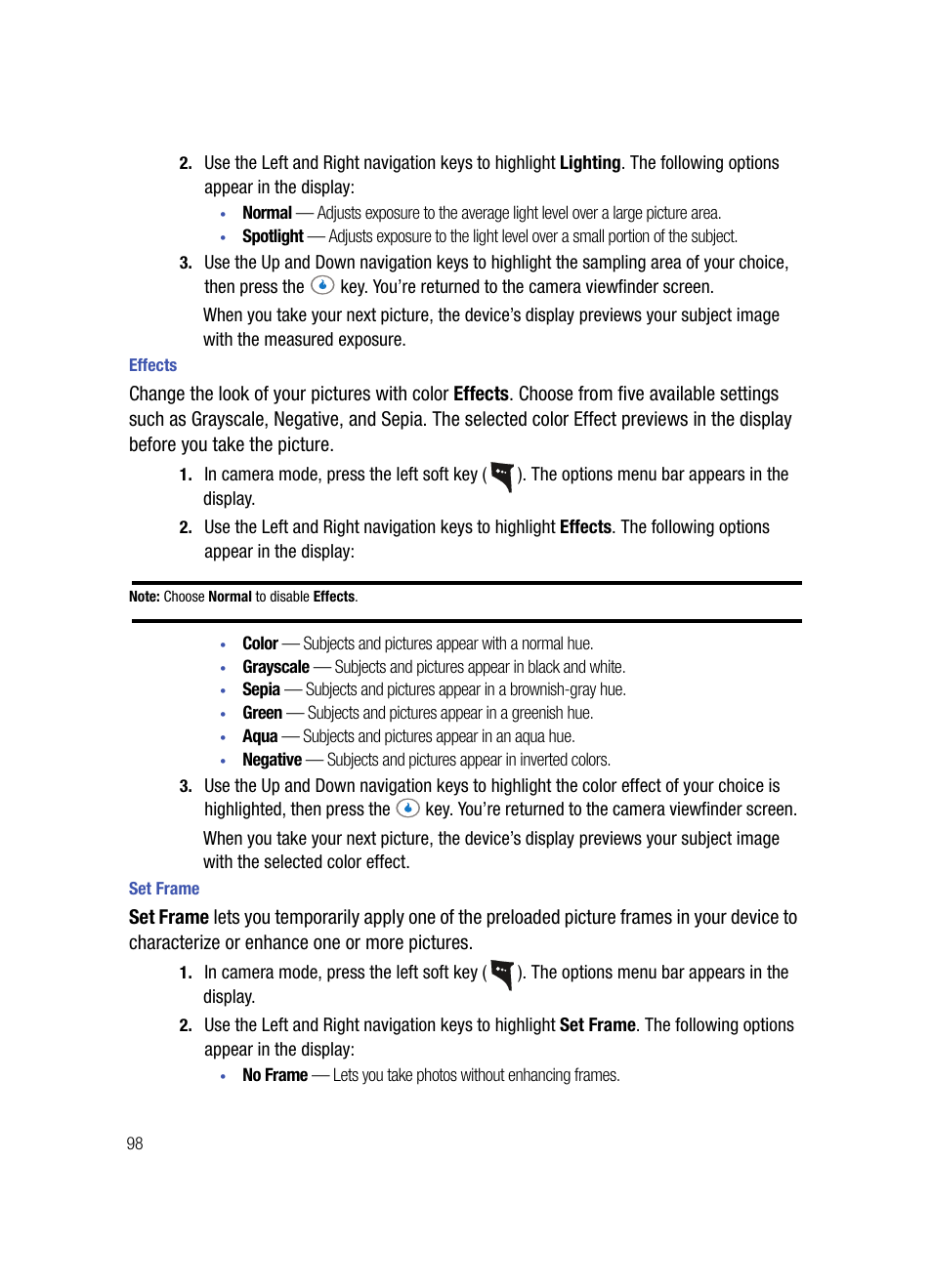 Effects, Set frame | Samsung SPH-A503ZKASKE User Manual | Page 98 / 176