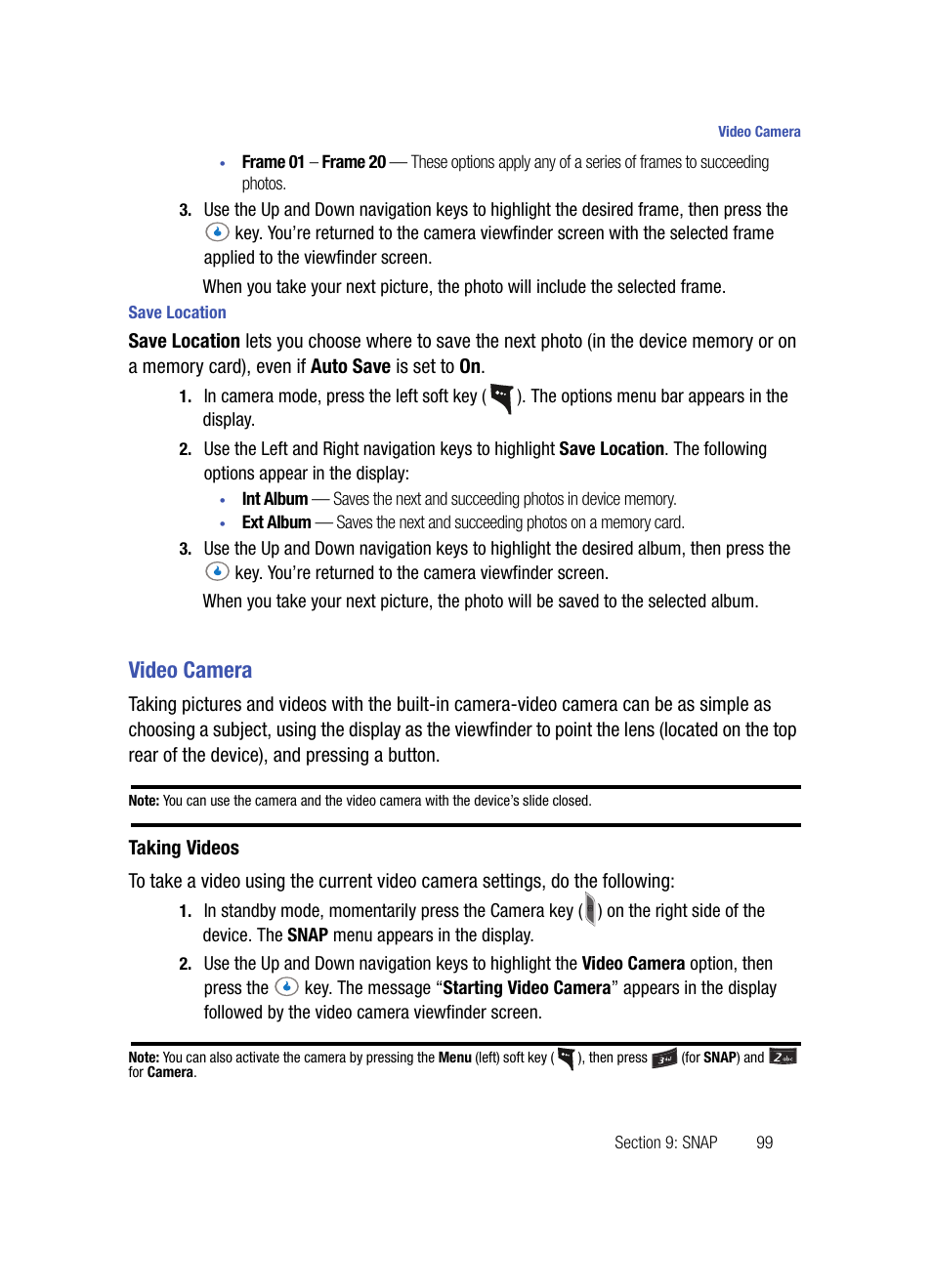 Save location, Video camera, Taking videos | Samsung SPH-A503ZKASKE User Manual | Page 99 / 176