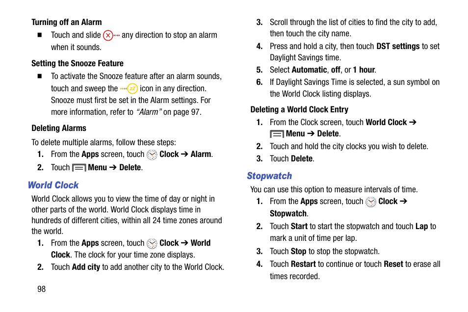 World clock, Stopwatch | Samsung SCH-R970ZKAUSC User Manual | Page 104 / 230