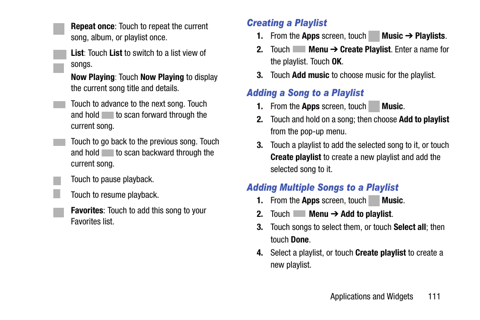Creating a playlist, Adding a song to a playlist, Adding multiple songs to a playlist | Samsung SCH-R970ZKAUSC User Manual | Page 117 / 230