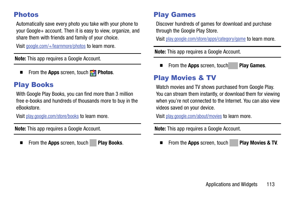 Photos, Play books, Play games | Play movies & tv, Photos play books play games play movies & tv | Samsung SCH-R970ZKAUSC User Manual | Page 119 / 230