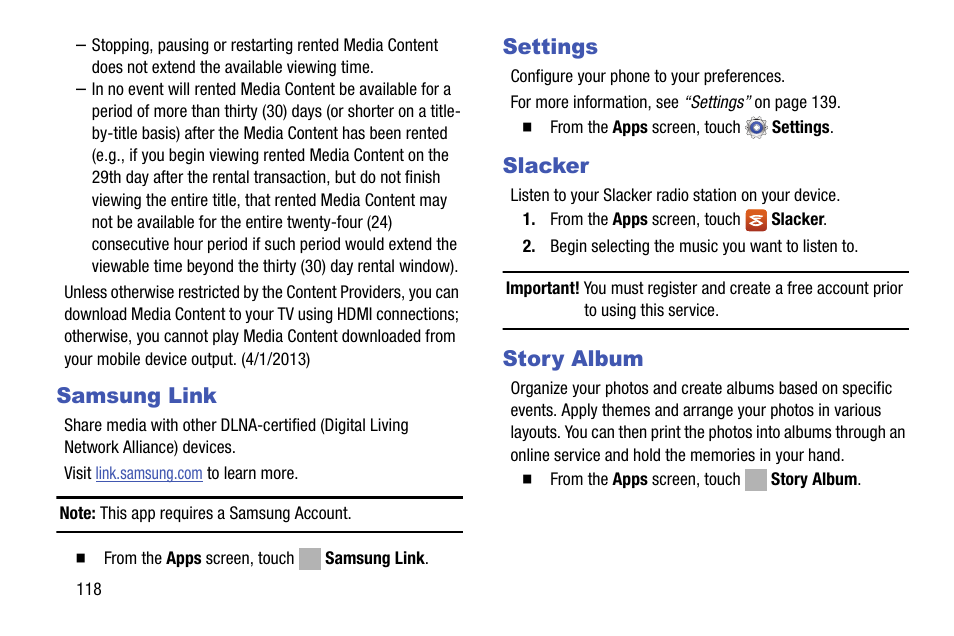 Samsung link, Settings, Slacker | Story album, Samsung link settings slacker story album | Samsung SCH-R970ZKAUSC User Manual | Page 124 / 230