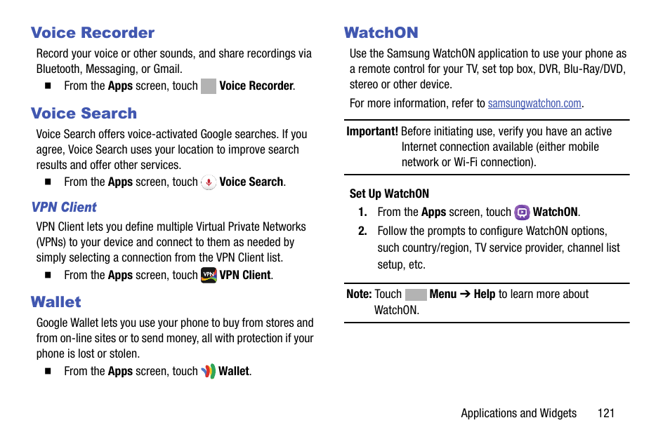 Voice recorder, Voice search, Vpn client | Wallet, Watchon, Voice recorder voice search wallet watchon | Samsung SCH-R970ZKAUSC User Manual | Page 127 / 230