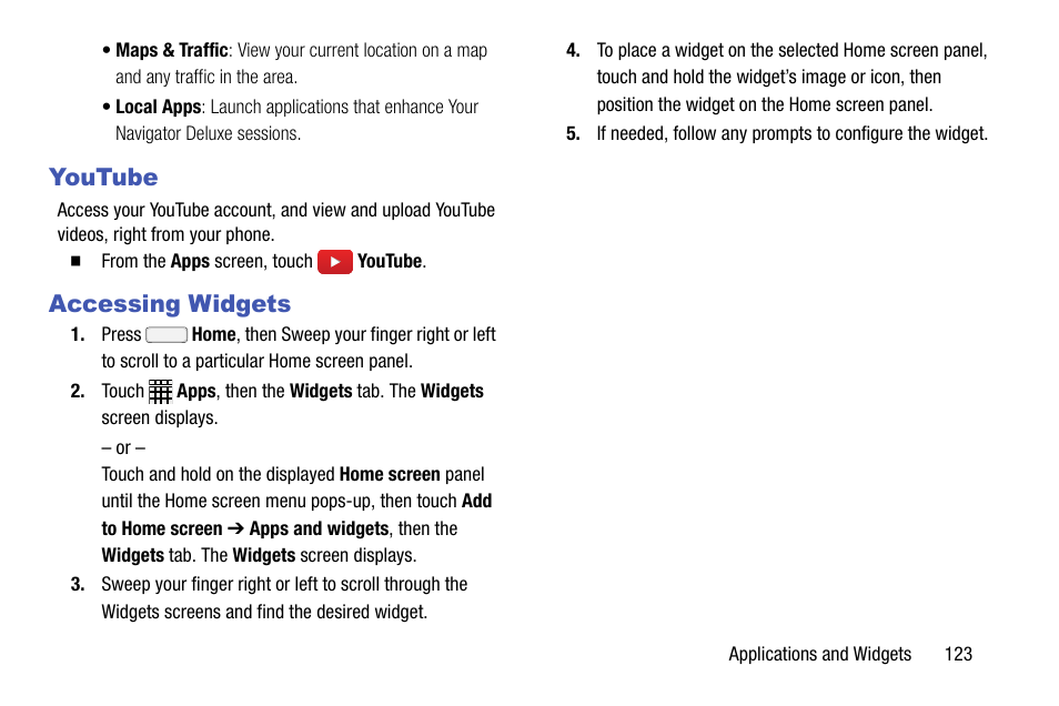 Youtube, Accessing widgets, Youtube accessing widgets | Samsung SCH-R970ZKAUSC User Manual | Page 129 / 230