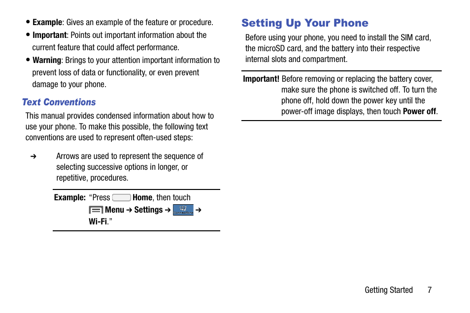 Text conventions, Setting up your phone | Samsung SCH-R970ZKAUSC User Manual | Page 13 / 230