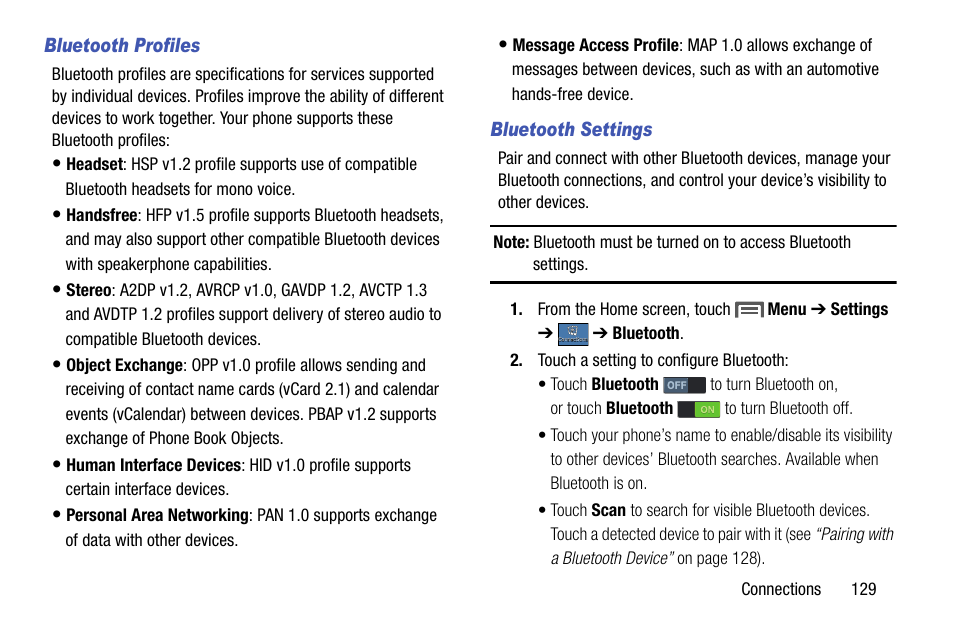 Bluetooth profiles, Bluetooth settings | Samsung SCH-R970ZKAUSC User Manual | Page 135 / 230