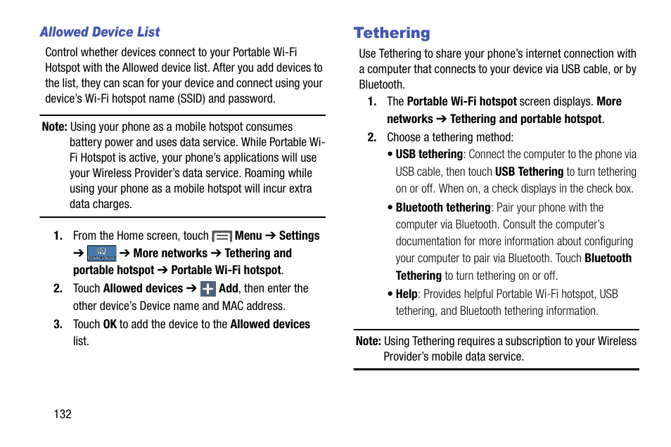 Allowed device list, Tethering | Samsung SCH-R970ZKAUSC User Manual | Page 138 / 230
