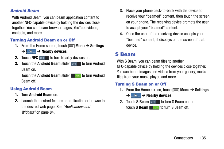 Android beam, Turning android beam on or off, Using android beam | S beam, Turning s beam on or off | Samsung SCH-R970ZKAUSC User Manual | Page 141 / 230