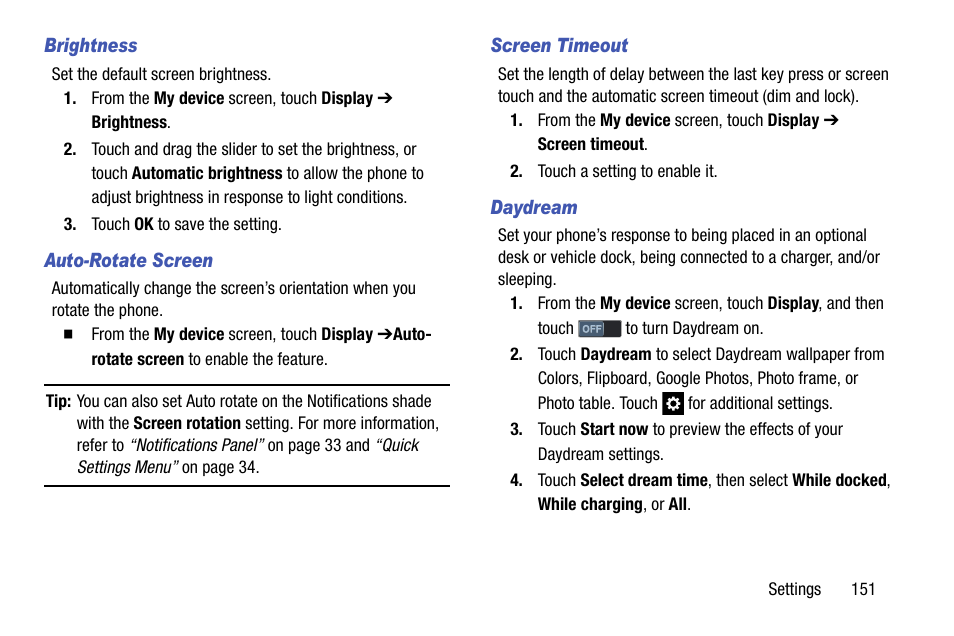 Brightness, Auto-rotate screen, Screen timeout | Daydream, See “auto-rotate | Samsung SCH-R970ZKAUSC User Manual | Page 157 / 230