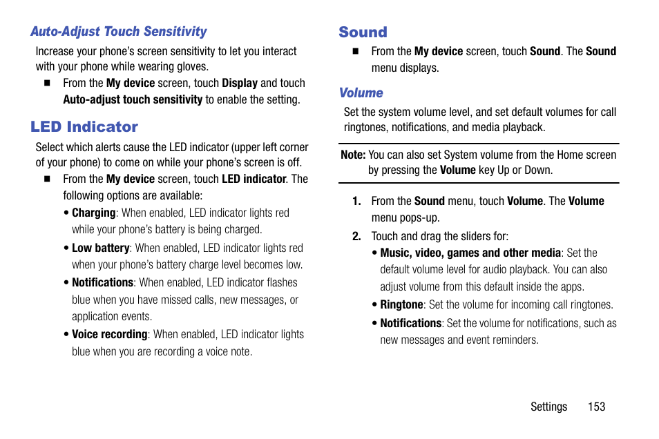 Auto-adjust touch sensitivity, Led indicator, Sound | Volume, Led indicator sound | Samsung SCH-R970ZKAUSC User Manual | Page 159 / 230