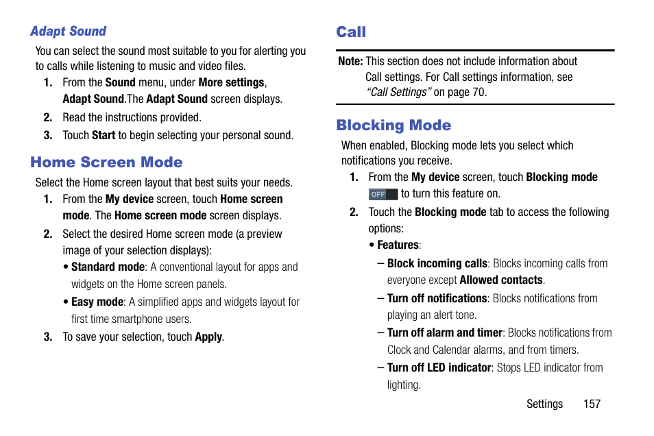 Adapt sound, Home screen mode, Call | Blocking mode, Home screen mode call blocking mode, Ceive. (see “blocking mode” on | Samsung SCH-R970ZKAUSC User Manual | Page 163 / 230