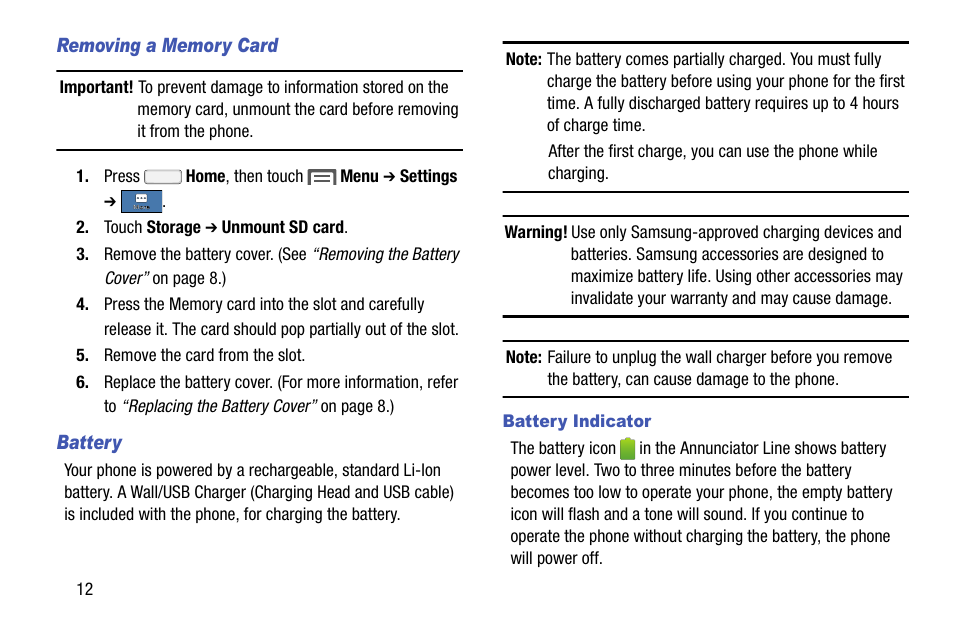 Removing a memory card, Battery, Battery indicator | Samsung SCH-R970ZKAUSC User Manual | Page 18 / 230