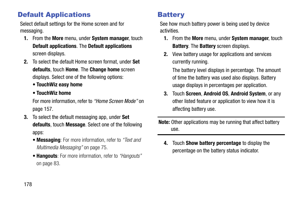 Default applications, Battery, Default applications battery | Samsung SCH-R970ZKAUSC User Manual | Page 184 / 230