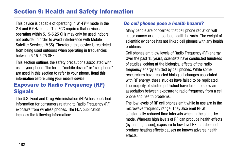 Section 9: health and safety information, Exposure to radio frequency (rf) signals, Do cell phones pose a health hazard | Section 9: health and safety information . 182 | Samsung SCH-R970ZKAUSC User Manual | Page 188 / 230