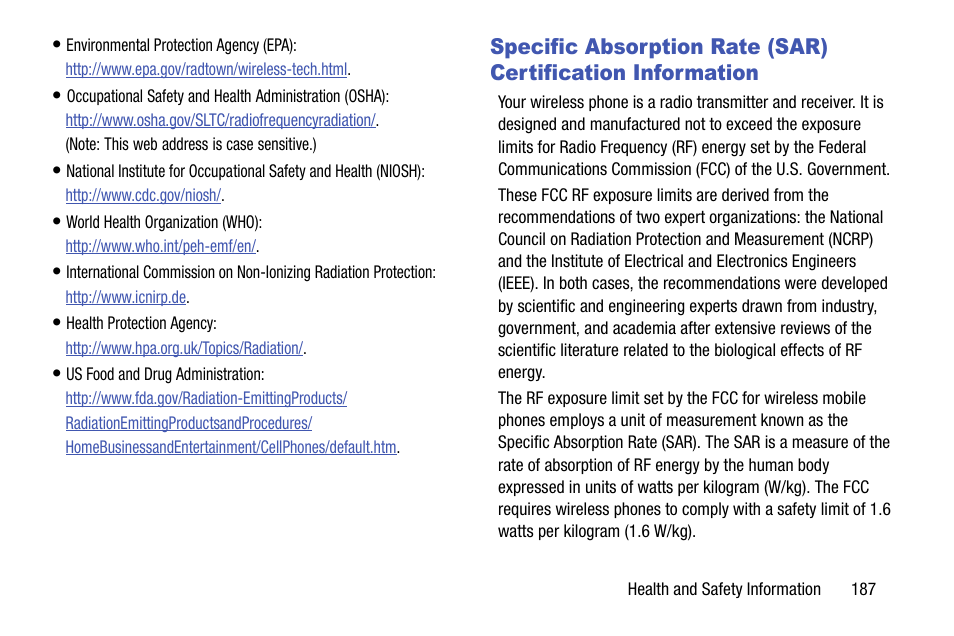 Specific absorption rate (sar), Certification information | Samsung SCH-R970ZKAUSC User Manual | Page 193 / 230