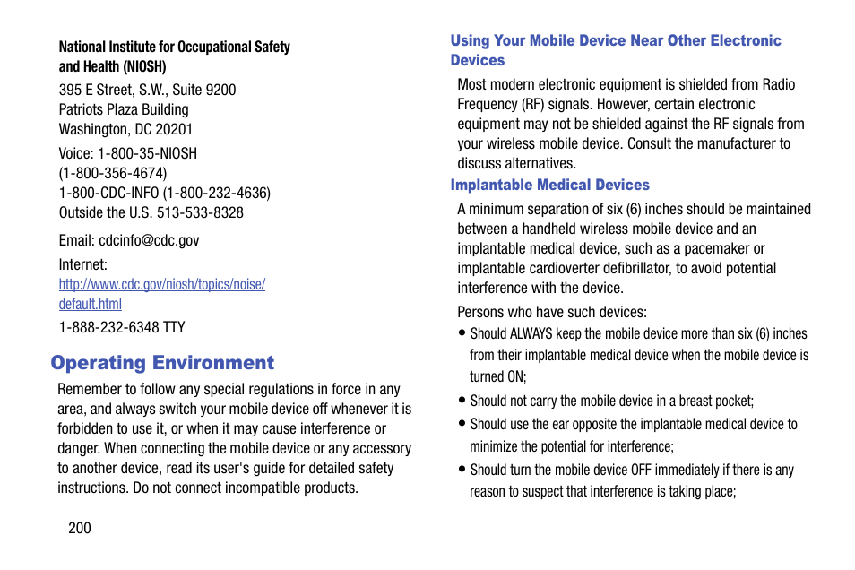 Operating environment, Implantable medical devices | Samsung SCH-R970ZKAUSC User Manual | Page 206 / 230