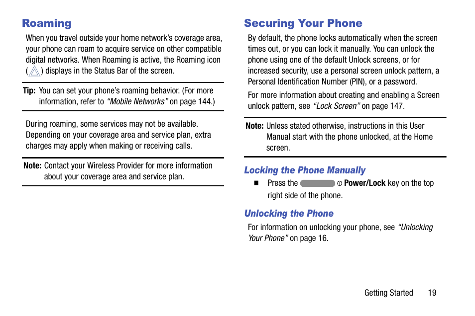 Roaming, Securing your phone, Locking the phone manually | Unlocking the phone, Roaming securing your phone | Samsung SCH-R970ZKAUSC User Manual | Page 25 / 230