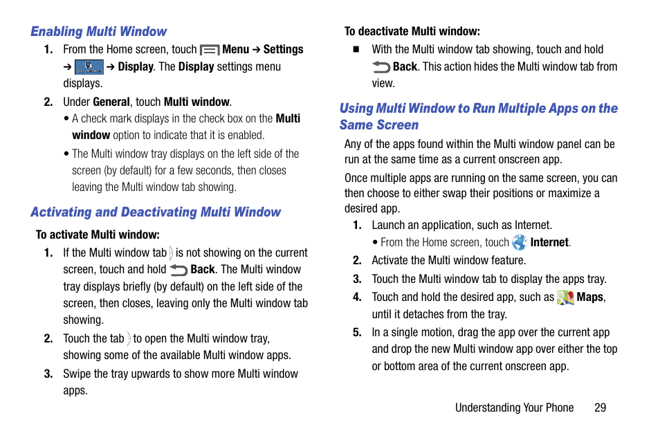 Enabling multi window, Activating and deactivating multi window | Samsung SCH-R970ZKAUSC User Manual | Page 35 / 230