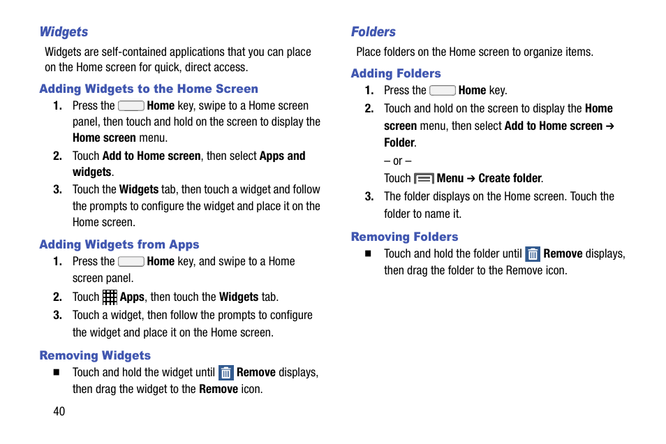 Widgets, Adding widgets to the home screen, Adding widgets from apps | Removing widgets, Folders, Adding folders, Removing folders | Samsung SCH-R970ZKAUSC User Manual | Page 46 / 230