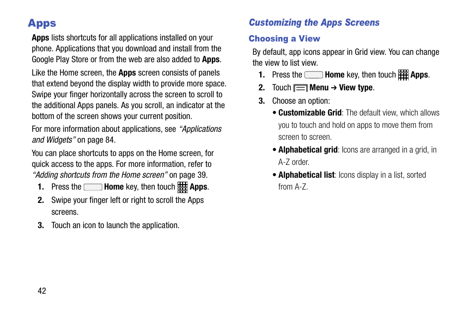 Apps, Customizing the apps screens, Choosing a view | Samsung SCH-R970ZKAUSC User Manual | Page 48 / 230