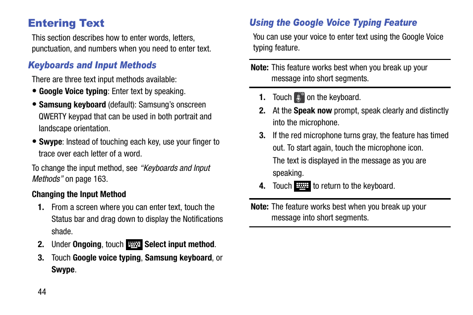 Entering text, Keyboards and input methods, Using the google voice typing feature | Samsung SCH-R970ZKAUSC User Manual | Page 50 / 230