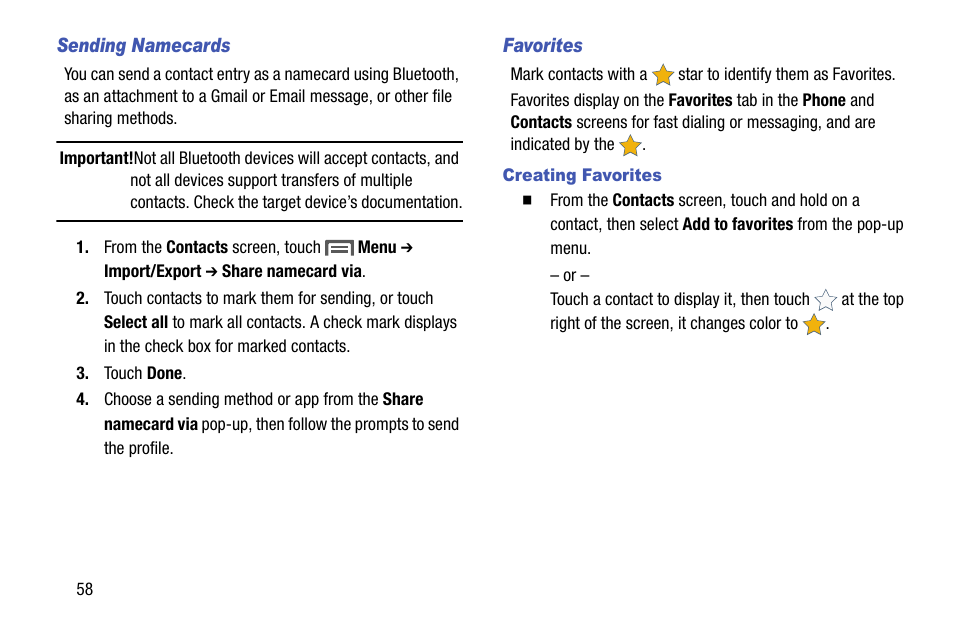 Sending namecards, Favorites, Creating favorites | Ts, see “sending namecards” on, Send the namecard. for more | Samsung SCH-R970ZKAUSC User Manual | Page 64 / 230