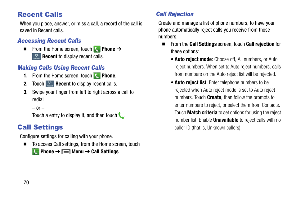 Recent calls, Accessing recent calls, Making calls using recent calls | Call settings, Call rejection, Recent calls call settings | Samsung SCH-R970ZKAUSC User Manual | Page 76 / 230