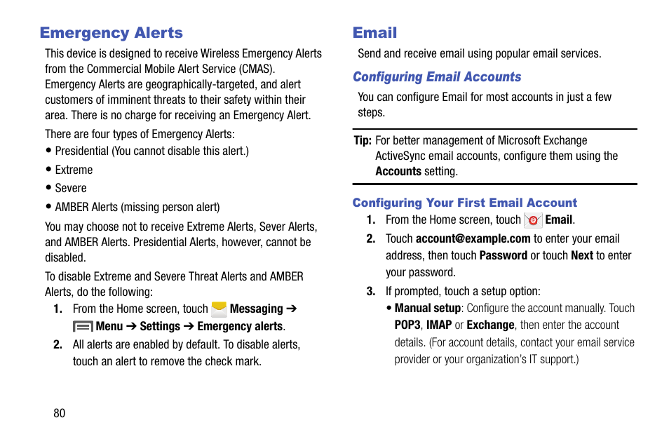 Emergency alerts, Email, Configuring email accounts | Configuring your first email account, Emergency alerts email | Samsung SCH-R970ZKAUSC User Manual | Page 86 / 230
