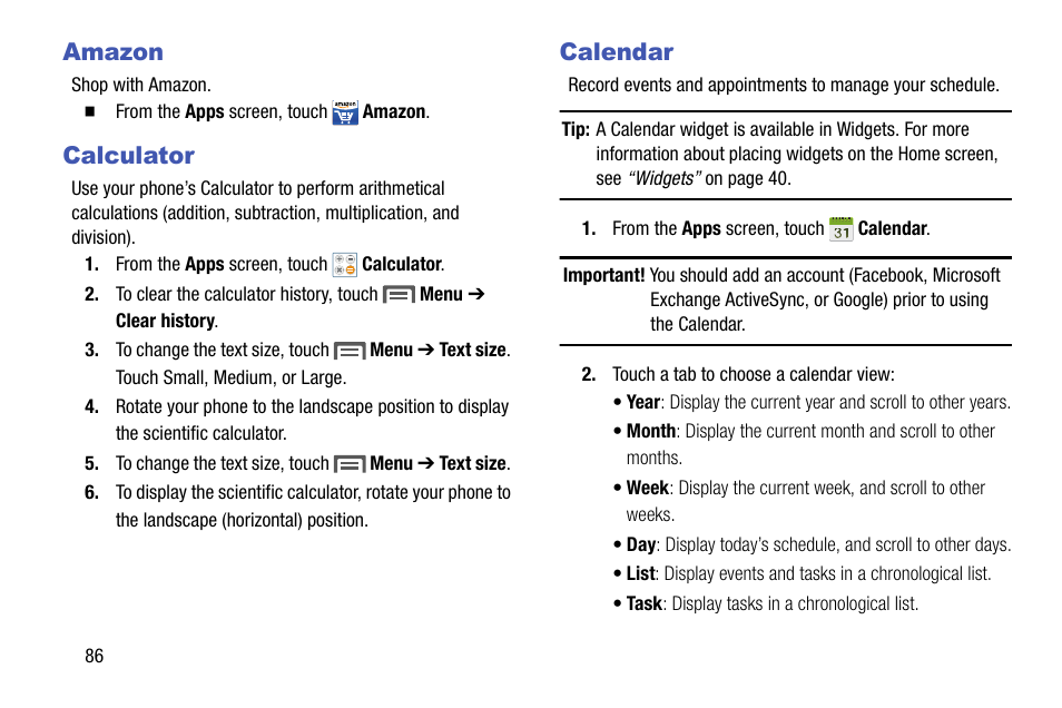 Amazon, Calculator, Calendar | Amazon calculator calendar | Samsung SCH-R970ZKAUSC User Manual | Page 92 / 230
