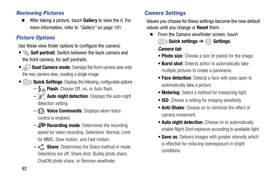Reviewing pictures, Picture options, Camera settings | Samsung SCH-R970ZKAUSC User Manual | Page 98 / 230