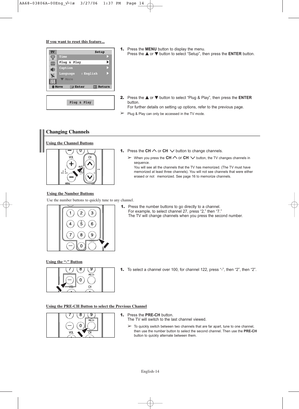 If you want to reset this feature, Changing channels, Using the channel buttons | Using the number buttons, Using the “-” button | Samsung CL29Z30PQTXXAX User Manual | Page 14 / 34