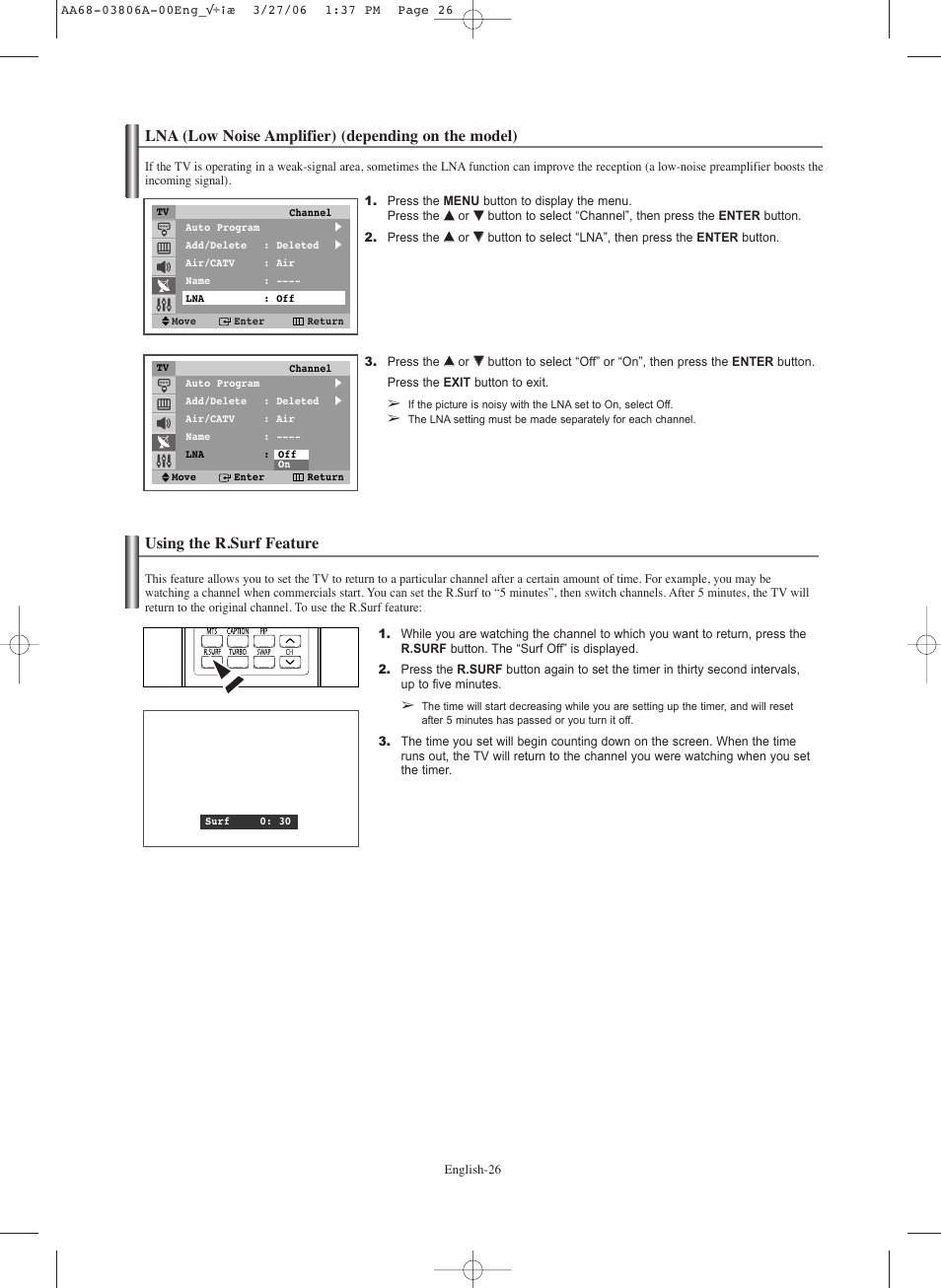 Lna (low noise amplifier) (depending on the model), Using the r.surf feature | Samsung CL29Z30PQTXXAX User Manual | Page 26 / 34