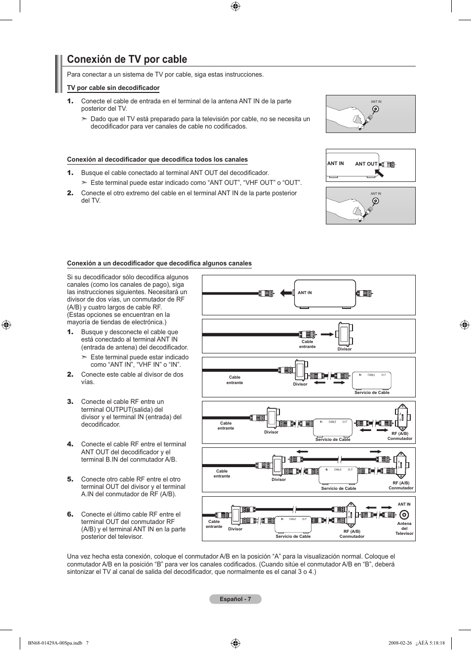 Conexión de tv por cable | Samsung LN46A650A1FXZA User Manual | Page 123 / 222