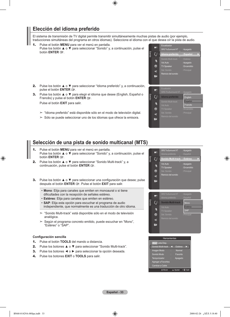 Elección del idioma preferido, Selección de una pista de sonido multicanal (mts) | Samsung LN46A650A1FXZA User Manual | Page 149 / 222