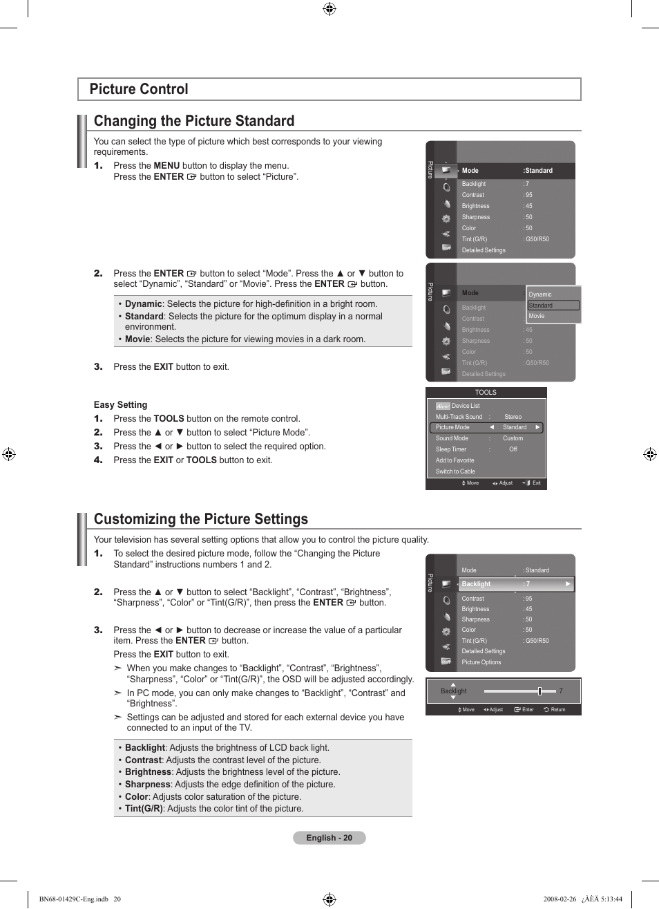 Picture control, Changing the picture standard, Customizing the picture settings | Picture control changing the picture standard | Samsung LN46A650A1FXZA User Manual | Page 22 / 222