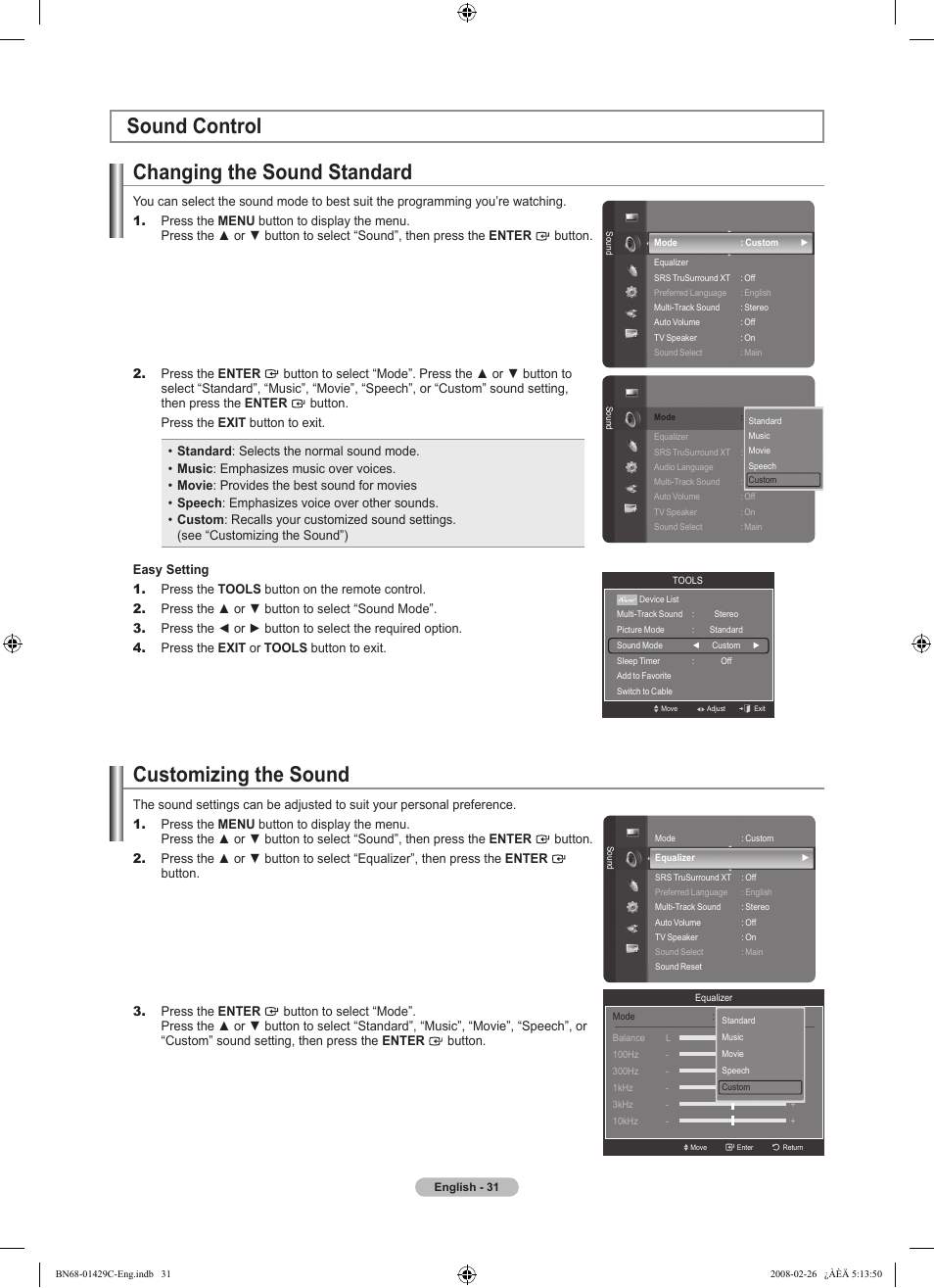 Sound control, Changing the sound standard, Customizing the sound | Sound control changing the sound standard | Samsung LN46A650A1FXZA User Manual | Page 33 / 222