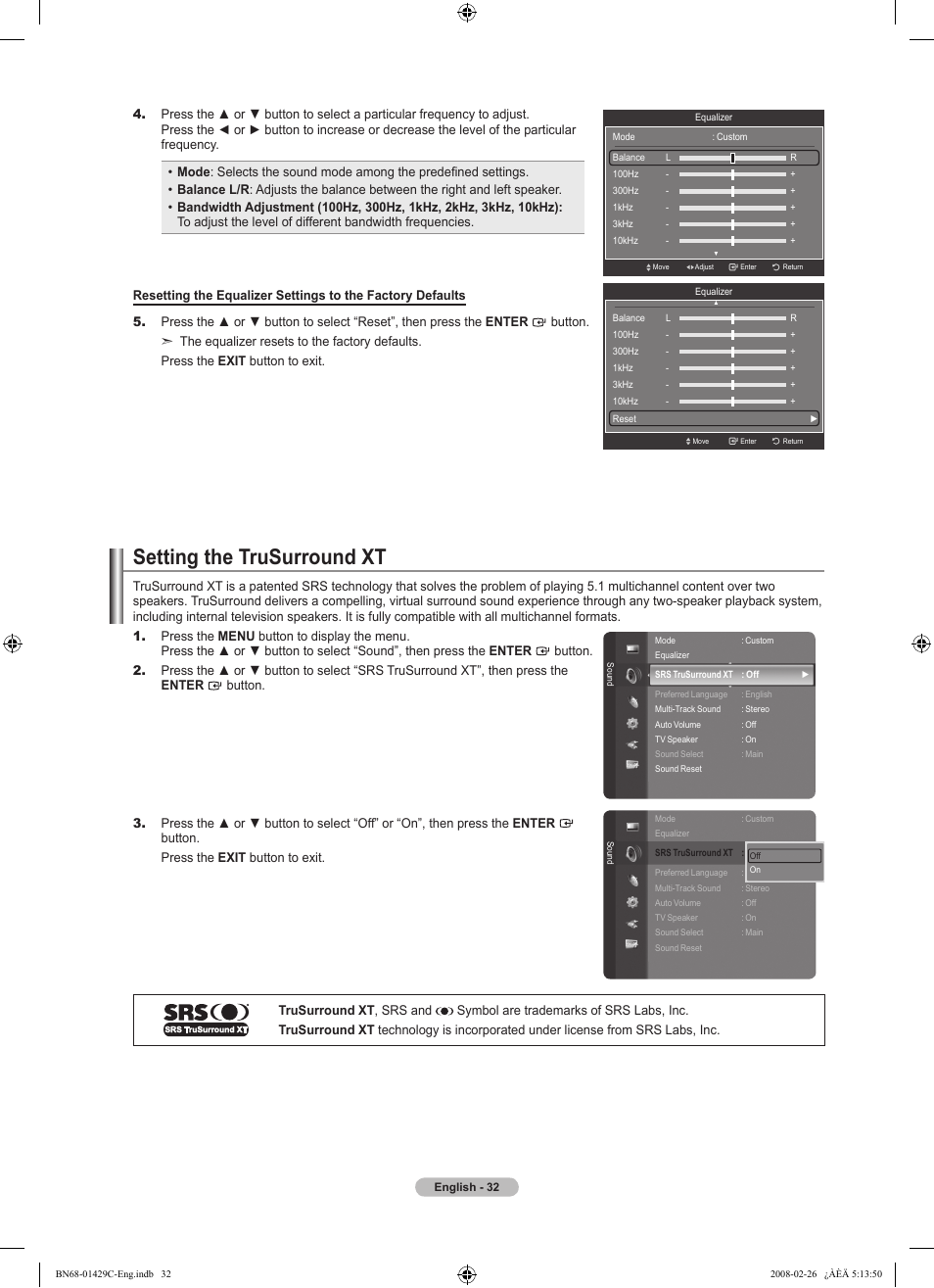 Setting the trusurround xt | Samsung LN46A650A1FXZA User Manual | Page 34 / 222
