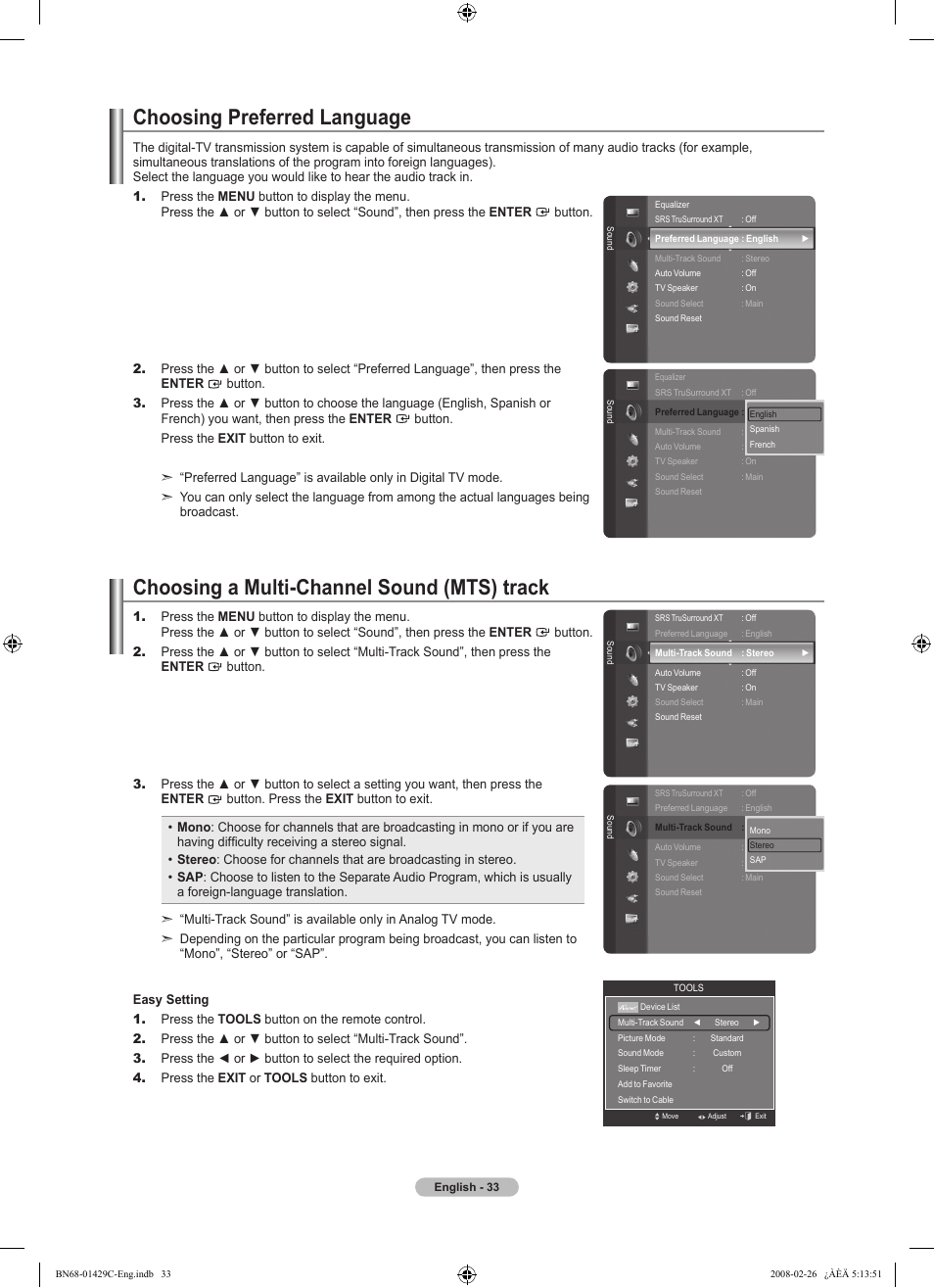 Choosing preferred language, Choosing a multi-channel sound (mts) track | Samsung LN46A650A1FXZA User Manual | Page 35 / 222