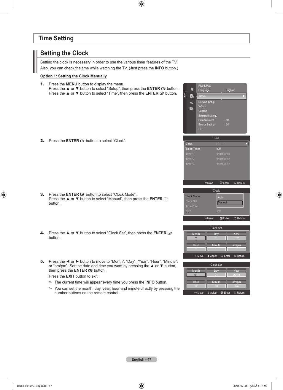 Time setting, Setting the clock | Samsung LN46A650A1FXZA User Manual | Page 49 / 222