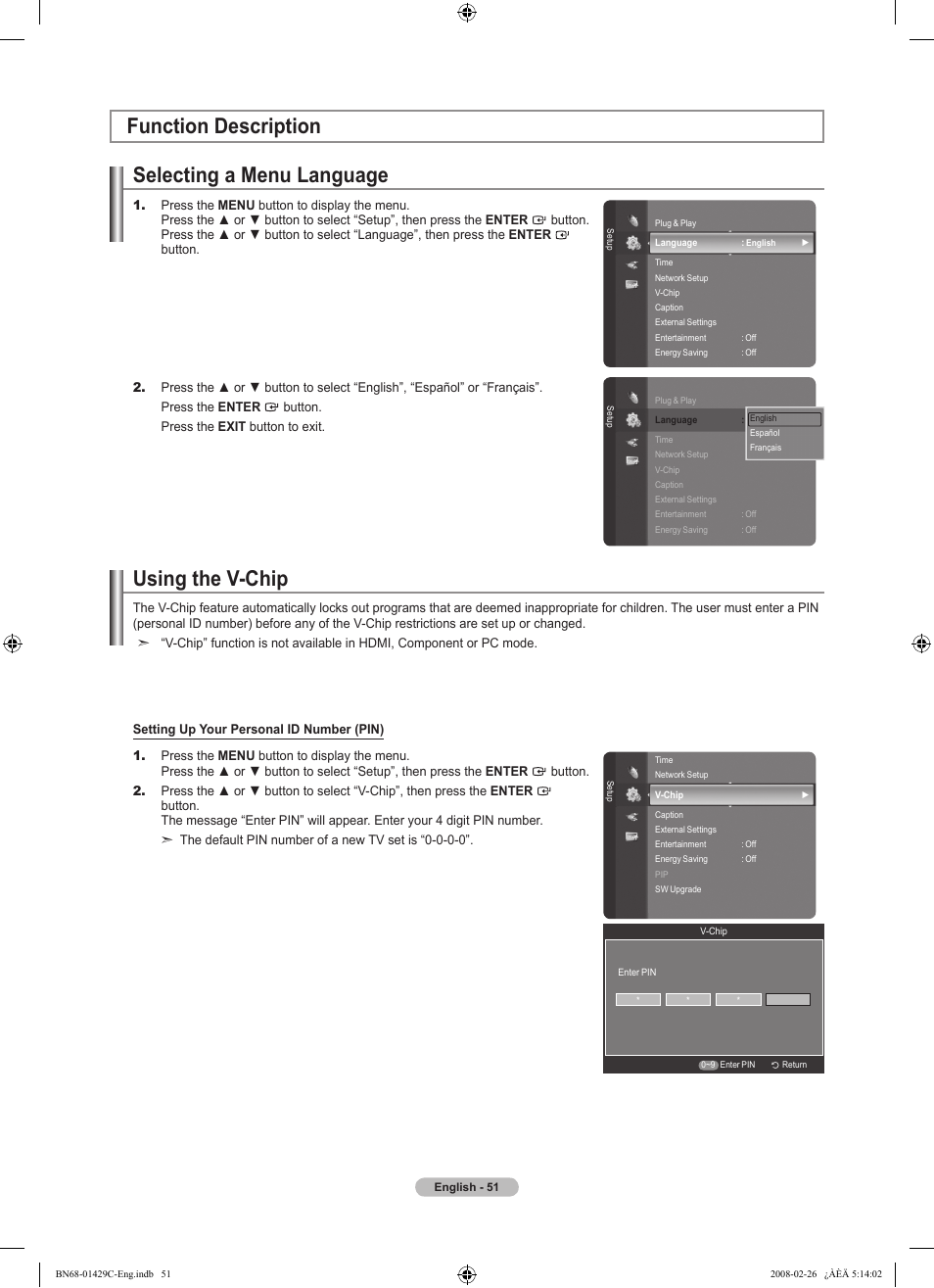 Function description, Selecting a menu language, Using the v-chip | Function description using the v-chip | Samsung LN46A650A1FXZA User Manual | Page 53 / 222