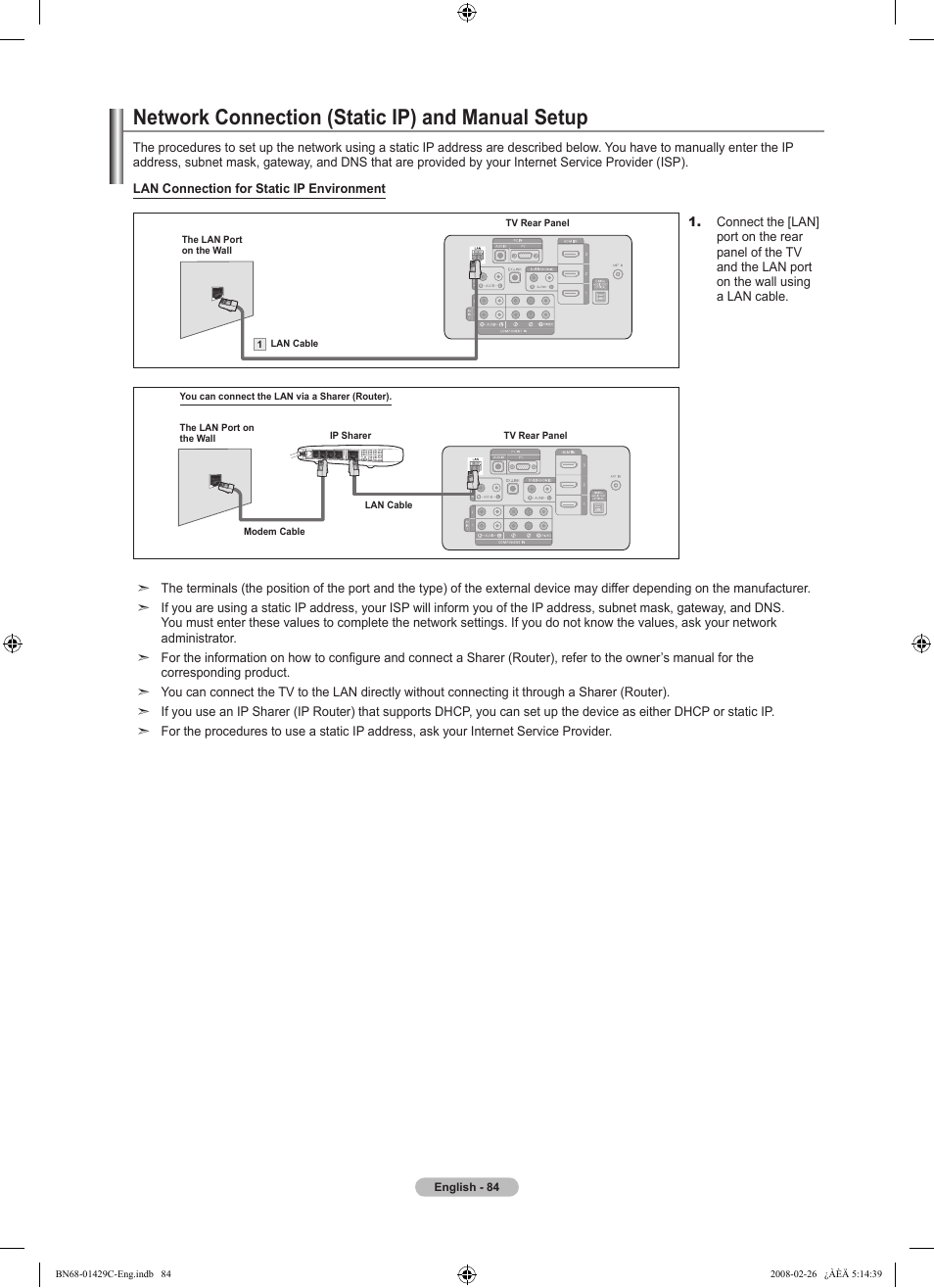 Network connection (static ip) and manual setup | Samsung LN46A650A1FXZA User Manual | Page 86 / 222