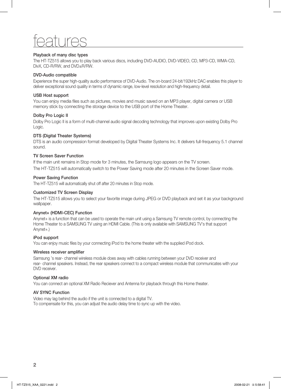 Features | Samsung HT-TZ515T-XAA User Manual | Page 3 / 78
