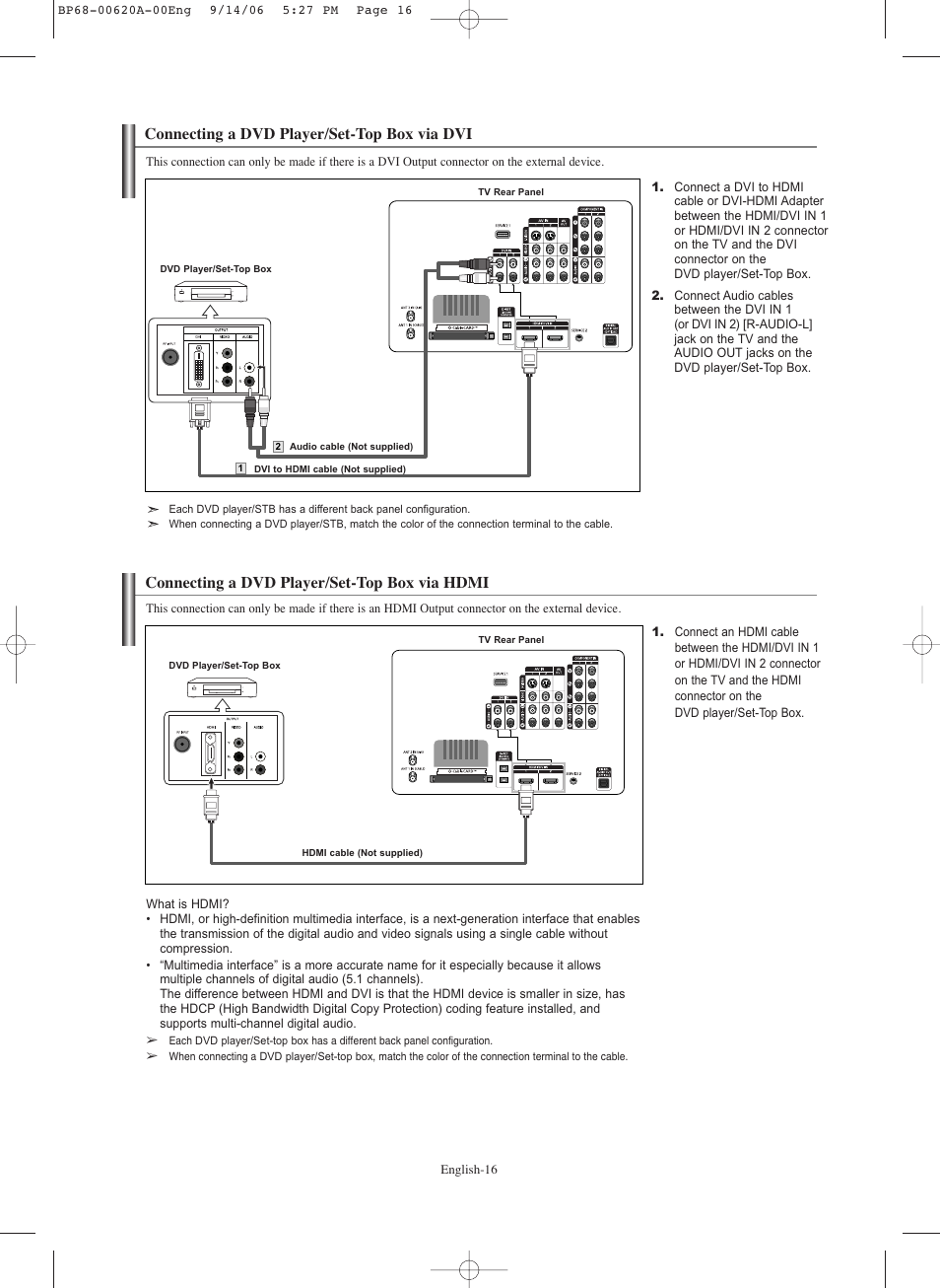 Connecting a dvd player/set-top box via dvi, Connecting a dvd player/set-top box via hdmi | Samsung HLS5686CX-XAA User Manual | Page 16 / 107