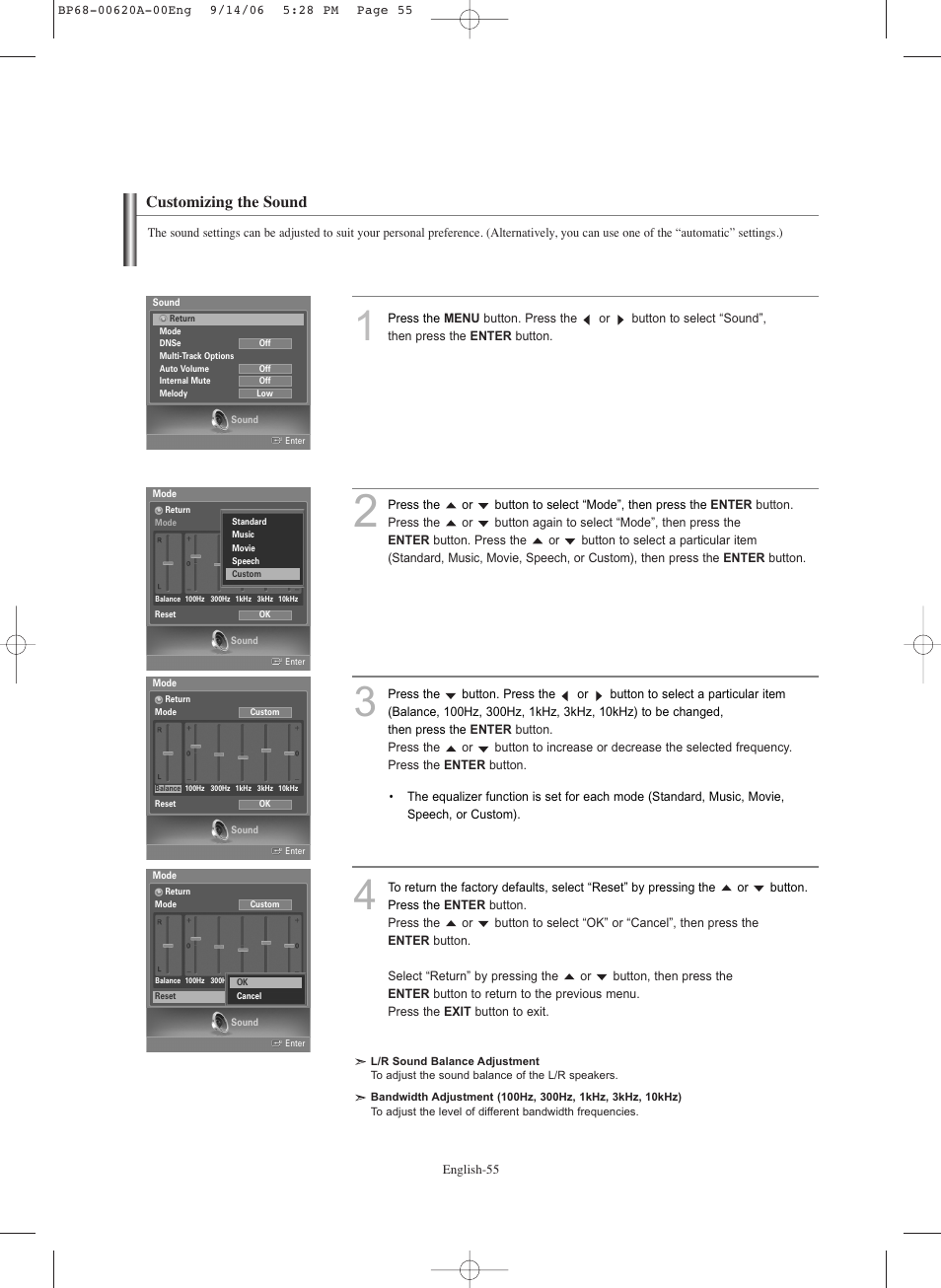 Customizing the sound | Samsung HLS5686CX-XAA User Manual | Page 55 / 107